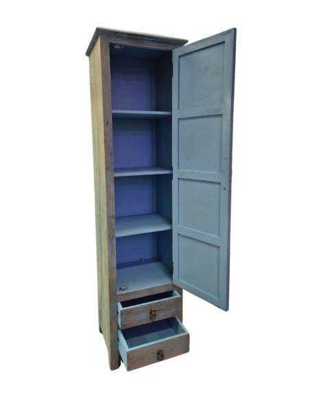Credenza a Colonna in Legno di Mango Azzurra con Anta Intagliata e Cassetti – Stipo Serein