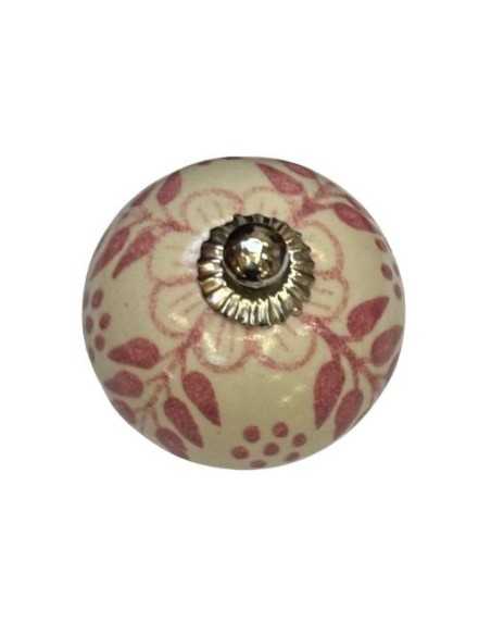 Pomello in ceramica artigianale Ø 4 cm colore base avorio e decoro rosa | Maniglia per mobili POM007