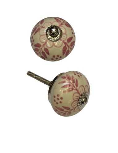Pomello in ceramica artigianale Ø 4 cm colore base avorio e decoro rosa | Maniglia per mobili POM007