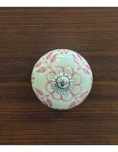 Pomello in ceramica artigianale Ø 4 cm colore base avorio e decoro rosa | Maniglia per mobili POM007