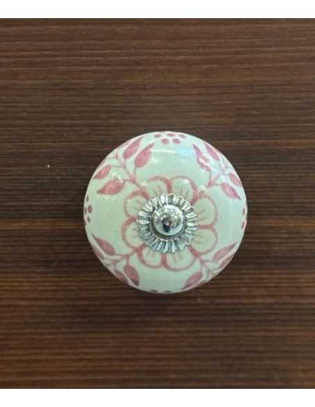 Pomello in ceramica artigianale Ø 4 cm colore base avorio e decoro rosa | Maniglia per mobili POM007
