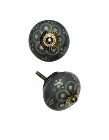 Pomello in ceramica artigianale Ø 4 cm colore base grigio decoro bianco. | Maniglia per mobili POM009