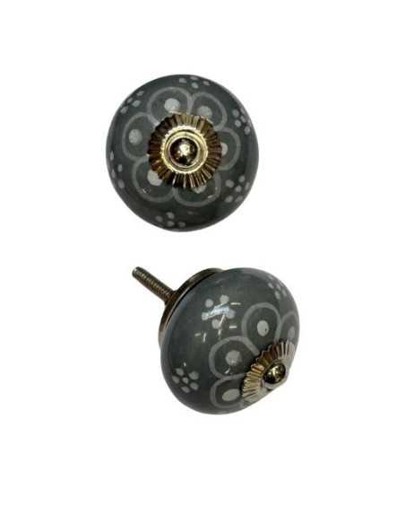 Pomello in ceramica artigianale Ø 4 cm colore base grigio decoro bianco. | Maniglia per mobili POM009