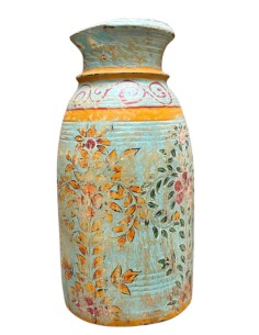 Vaso contenitore in legno decorato azzurro artigianale indiano ts195a
