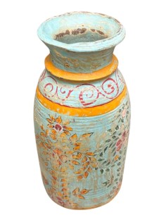 Vaso contenitore in legno decorato azzurro artigianale indiano ts195a 2