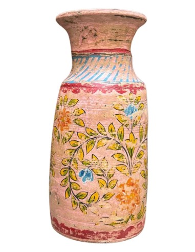 Vaso indiano in legno dipinto rosa con decorazioni floreali ts195b