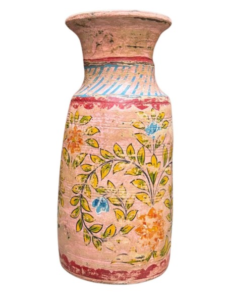 Vaso indiano in legno dipinto rosa con decorazioni floreali ts195b