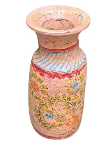 Vaso indiano in legno dipinto rosa con decorazioni floreali ts195b