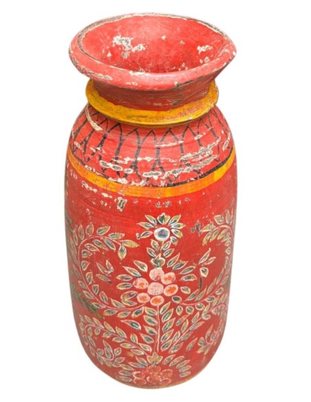 Vaso decorativo indiano in legno rosso dipinto a mano ts195c
