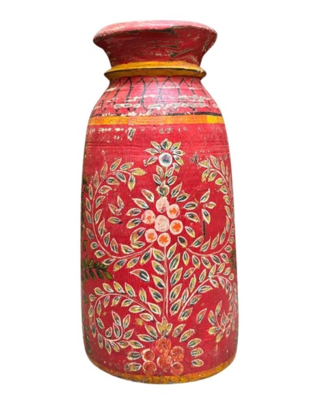 Vaso decorativo indiano in legno rosso dipinto a mano ts195c
