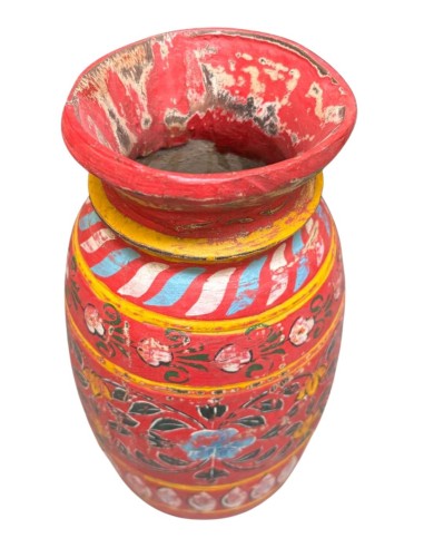 Vaso etnico in legno rosso con fiore blu dipinto a mano 25 cm  ts195E