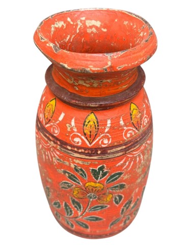 Vaso etnico in legno dipinto a mano arancio decorato 25 cm ts195F