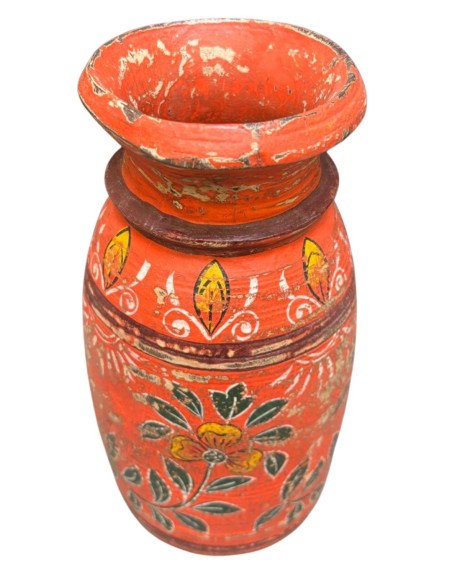 Vaso etnico in legno dipinto a mano arancio decorato 25 cm ts195F