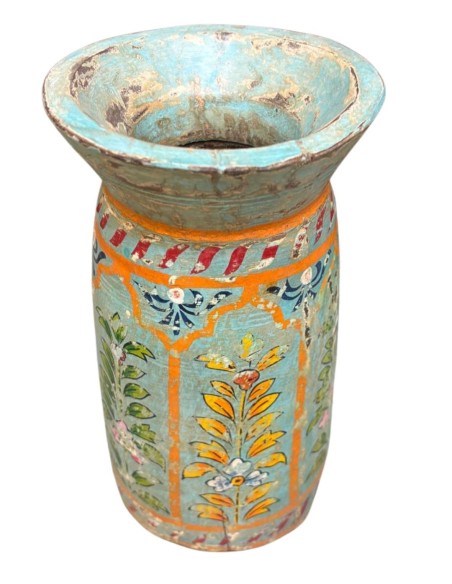 Vaso etnico in legno dipinto a mano azzurro decorato 26 cm ts195G