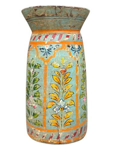 Vaso etnico in legno dipinto a mano azzurro decorato 26 cm ts195G