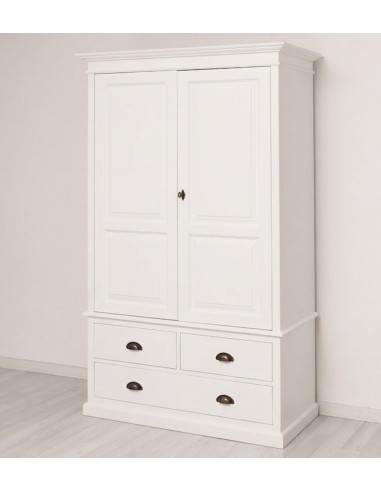 Armadio 2 ante legno pino bianco 120x197 cm con 3 cassetti stile country OMS127