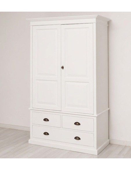 Armadio 2 ante legno pino bianco 120x197 cm con 3 cassetti stile country OMS127
