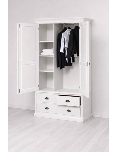 Armadio 2 ante legno pino bianco 120x197 cm con 3 cassetti stile country OMS127