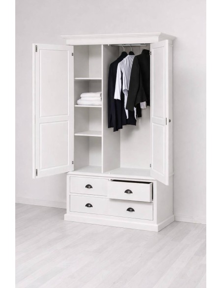 Armadio 2 ante legno pino bianco 120x197 cm con 3 cassetti stile country OMS127