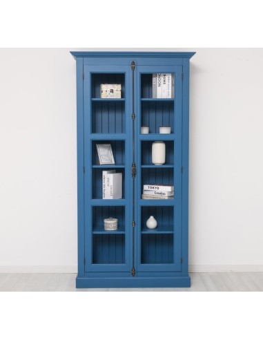 Vetrina in legno colore blu con 2 ante e con vetri laterali OMS552