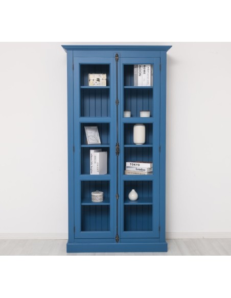 Vetrina in legno colore blu con 2 ante e con vetri laterali OMS552