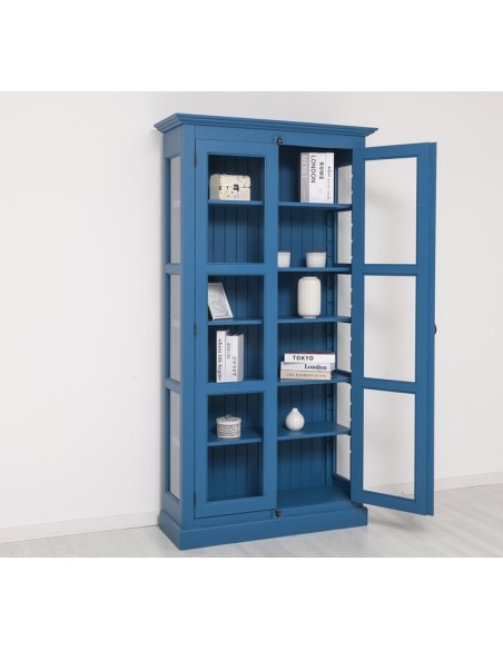 Vetrina in legno colore blu con 2 ante e con vetri laterali OMS552