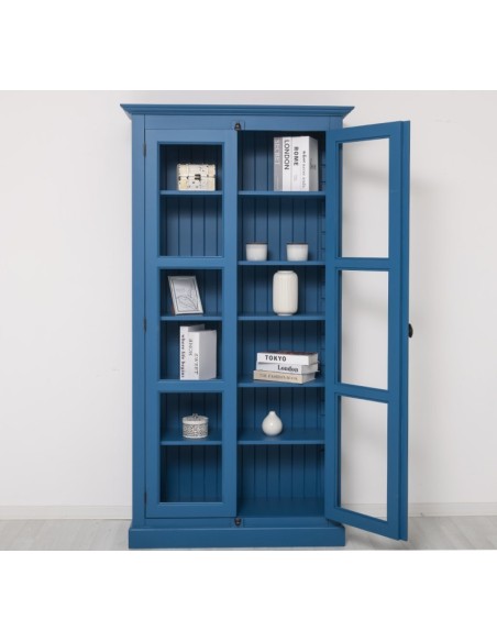 Vetrina in legno colore blu con 2 ante e con vetri laterali OMS552
