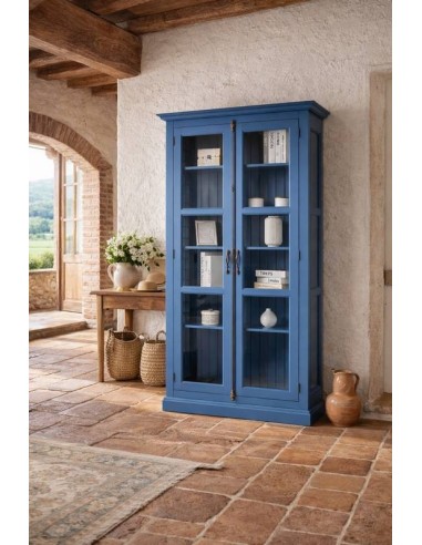 Vetrina in legno colore blu con 2 ante e con vetri laterali OMS552