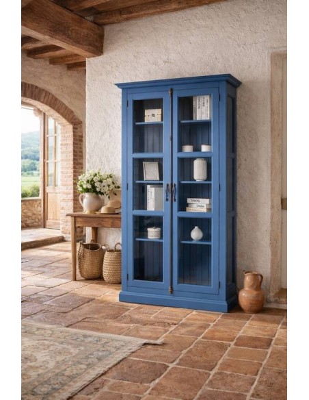 Vetrina in legno colore blu con 2 ante e con vetri laterali OMS552