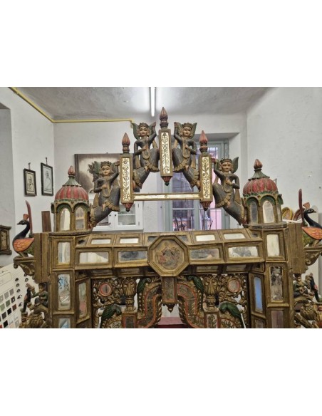 Antico Hindola Indiano Rajasthan XIX Secolo | Jhula Rituale in Legno Dipinto