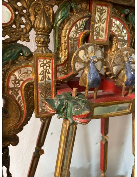 Antico Hindola Indiano Rajasthan XIX Secolo | Jhula Rituale in Legno Dipinto