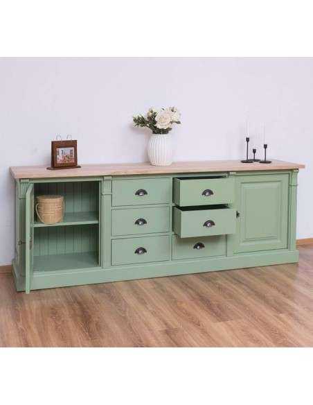 Credenza bassa country legno di pino colorata o grezza con 6 cassetti 219cm MS295B